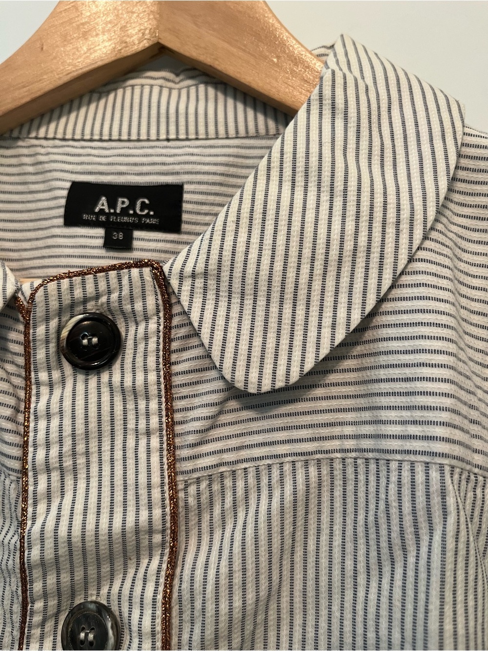 A.P.C. Grey and White Striped Blouse with Peter Pan Collar